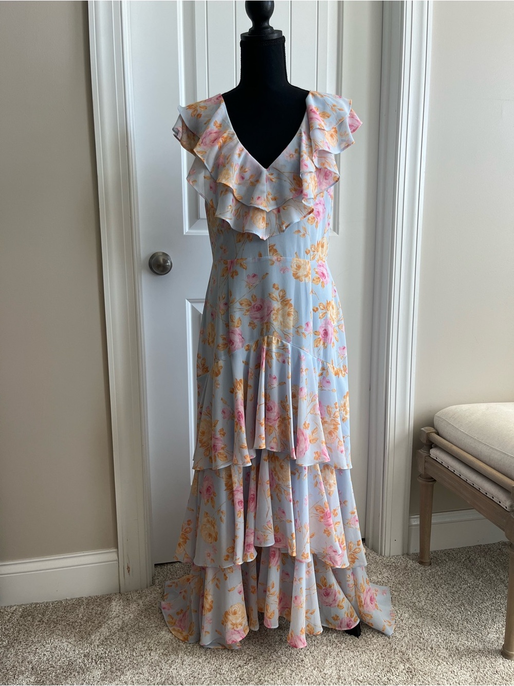 Wayf Light Blue Floral Ruffle-Tier Maxi Dress